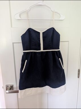 COPE Navy Linen Dress with White Trim And Pockets